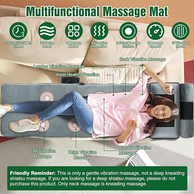 Full Body Massage Mat with Heat Detachable Neck Massager &amp Foot Massager10 Vibration 3 Strength Adjustments Electric Back Massage Pad with Head Pillow and Lumbar Pillow Gifts for Women Men