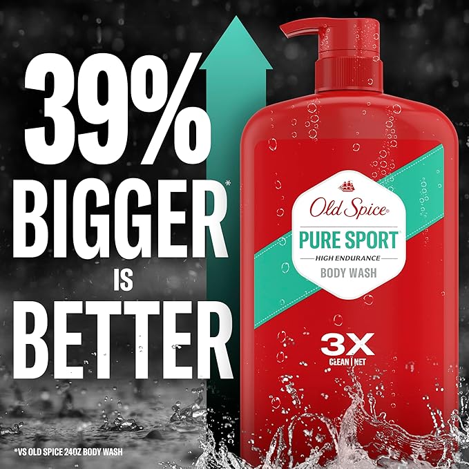 Old Spice Refreshing Body Wash for Men High Endurance 3X Defense 24/7 Shower Fresh with Long Lasting Scent Pure Sport Scent 33.4 oz (Pack of 4)