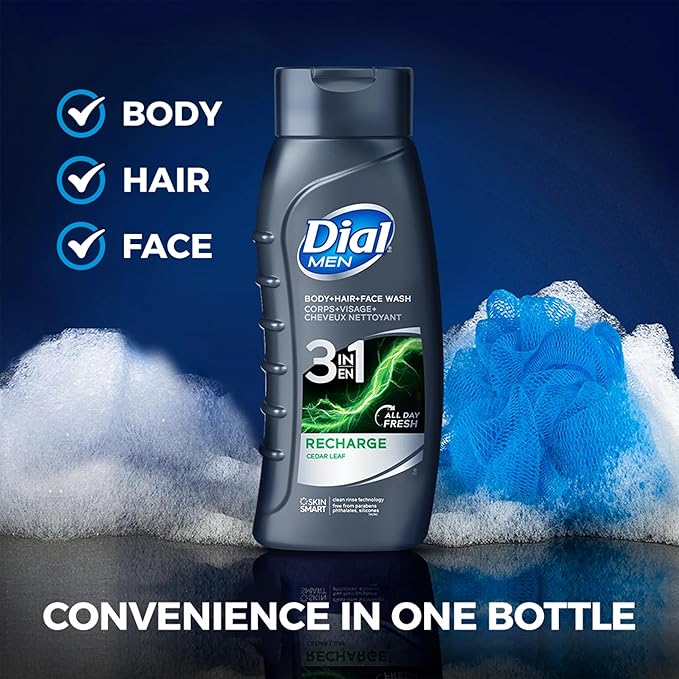 Dial Men Body Wash 3 Pack Recharge 3-in-1 Body Hair and Face Wash Cedar Leaf Scent Long Lasting All Day Fresh Body Wash for Men 20 oz. Each
