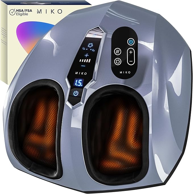 MIKO Foot Massager Machine - Deep Kneading Shiatsu Air Compression and Heat Therapy - Plantar Fasciitis Diabetics Neuropathy Fits Up to Men Size 12