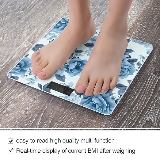 Blue Flower Floral Pattern Roses Bathroom Scale Large LCD Backlight Display Digital Scale Rounded Corners Body Scales Automatic Power On/Off Bathroom Scales for Home Bedrooms