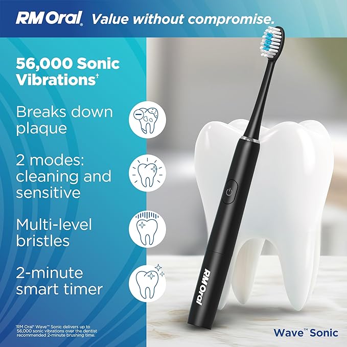 RM Oral Wave Sonic Battery-Operated Toothbrush with Soft Bristles &amp Travel Case 56000 Sonic Vibrations for Clean &amp Sensitive Whitening &amp Plaque Removal 2-Minute Timer Black