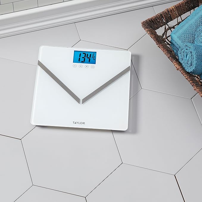 Taylor Digital Glass Body Composition Scale Bathroom Scale for Body Weight Measures Body Fat Body Water and Muscle Mass Percentages 8 User Recognition FSA HSA Eligible 440 lb Capacity White