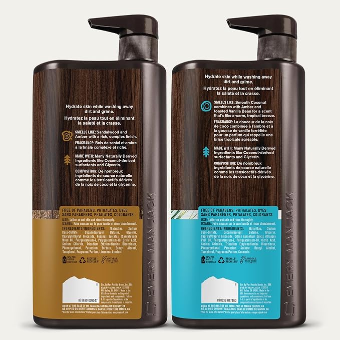 Every Man Jack Coconut + Driftwood &amp Amber + Sandalwood Mens Body Wash for All Skin Types - Cleanse Hydrate and Smell Great - Free of Parabens Phtalates and Dyes - 33.8 fl oz (2 Pack)