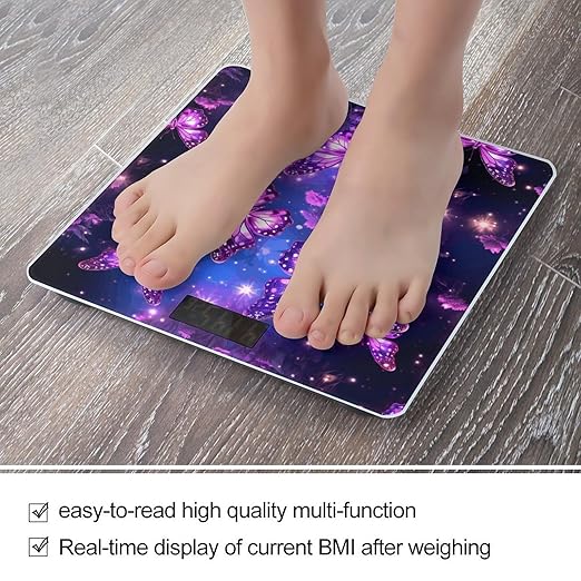 Purple Cute Butterfly Print Scale for Body Weight Anti-Slip Tempered Glass Digital Bathroom Scales Clear LCD Display Weighing Scale Safe Rounded Corners Smart Scales