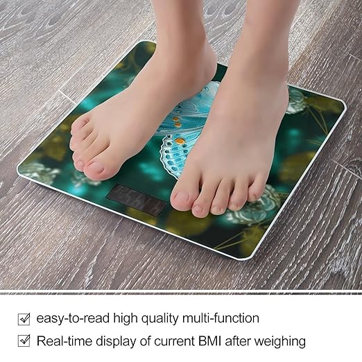 Light Blue Butterfly Scale for Body Weight Anti-Slip Sturdy Tempered Glass Weighing Machine Highly Digital Accurate Bright LCD Bathroom Scale for Household Gift