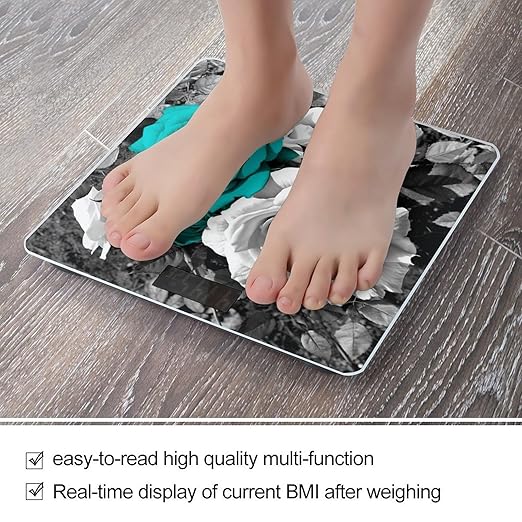 Black White Teal Gray Rose Flowers Scale for Body Weight Sturdy Tempered Glass Weighing Scales with LCD Display Accurate Digital Bathroom Scale Convenient Body Fat Smart Scales Easy Read