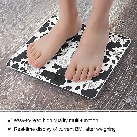 Black and White Cowm Bathroom Scale Weight Scale for Body WeightHighly Accurate Digital Weighing Machine Clear LED Display Digital Bathroom Body Scale 400lb/182kg