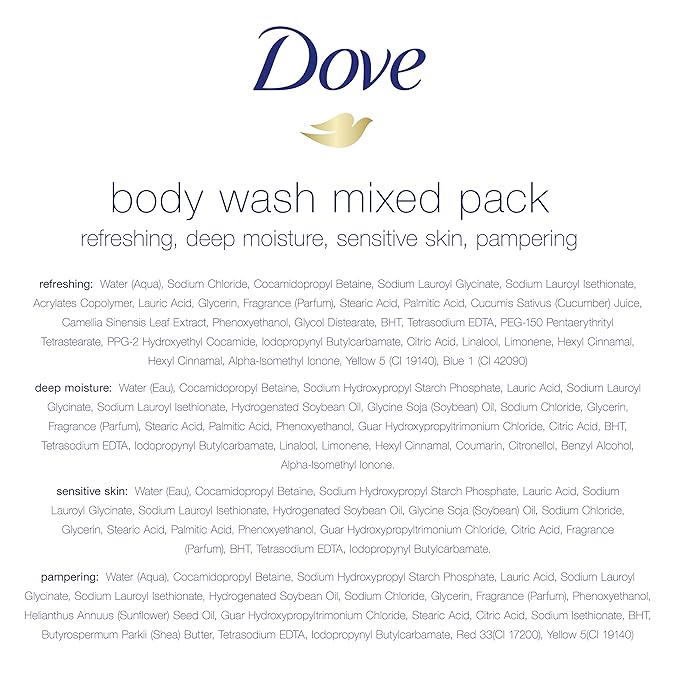 Dove Mixed Body Wash Pack with Skin Natural Nourishers for Instantly Soft Skin and Lasting Nourishment Cleanser That Effectively Washes Away Bacteria While Nourishing Your Skin 4 Count
