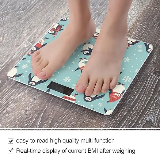 Winter Christmas Penguins Bathroom Scale for Body Weight with High Precision Large LCD Backlight Display Digital Weighing Scale with BMI Capacity Up to 180kg