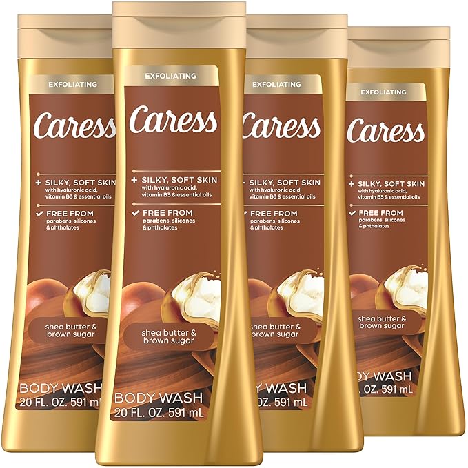 Caress Body Wash for Women Shea Butter &amp Brown Sugar Hydrating and Exfoliating Shower Gel for Gorgeous Radiant Skin 20 fl oz 4 Pack