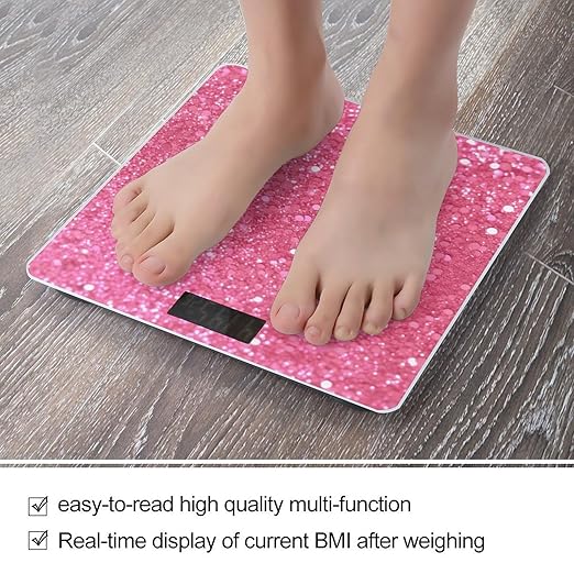Sparkling Pink Glitter Scale for Body Weight Anti-Slip Tempered Glass Digital Bathroom Scales Clear LCD Display Weighing Scale Safe Rounded Corners Smart Scales