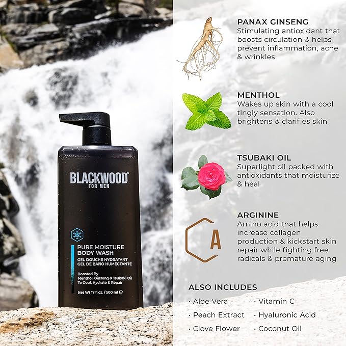 Blackwood For Men Pure Moisture Body Wash (17 oz) + Double Duty Beard &amp Body Scrubber Bundle - Natural Vegan Formula for Sensitive Skin and Workout Recovery - Dual-Sided Men's Shower Tool