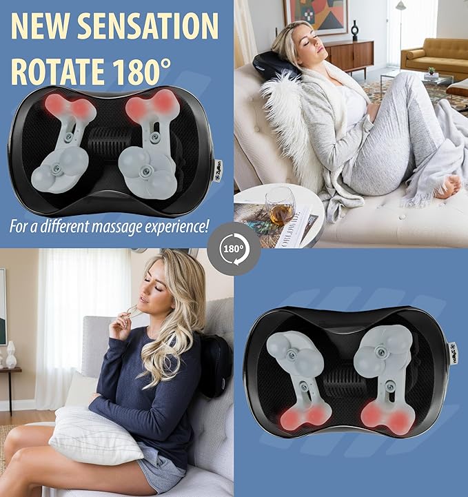 Zyllion Shiatsu Back and Neck Massager with Heat - 3D Electric Kneading Deep Tissue Massage Pillow with 8 Massaging Nodes for Muscle Pain Relief Black ZMA-25