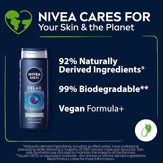 Nivea Men Relax 3-in-1 Body Wash Lavender and Sandalwood Scented Men's Body Wash Cleanses Face Body and Hair 16.9 Fl Oz Bottle Pack of 6