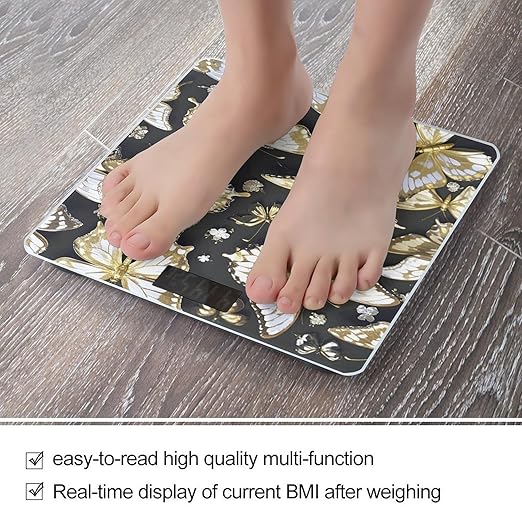 Gold White Butterflies Black Bathroom Scale for Body Weight with High Precision Large LCD Backlight Display Digital Weighing Scale with BMI Capacity Up to 180kg