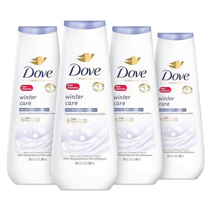 Dove Limited Edition Body Wash Winter Care 4 Count for Renewed Healthy-Looking Skin with 24hr Renewing MicroMoisture Gentle Cleanser Instantly Moisturizes Dry Skin 20 oz