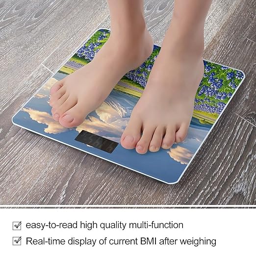 Texas Bluebonnets Scenery Bathroom Scale for Body Weight Bathroom Digital Electronic Weighing Scale with Back Lit LED Display Sturdy Tempered Glass Weight Watchers Scales 400lb
