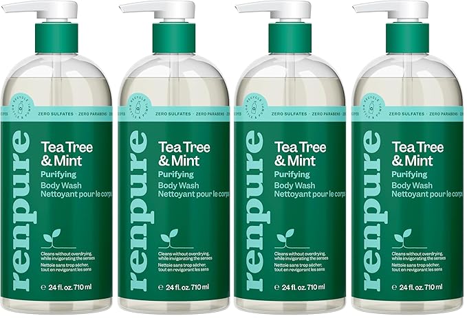 RENPURE Tea Tree &amp Mint Body Wash - Cleanses Invigorates &amp Refreshes Skin Without Over-Drying - For All Skin Types - Tea Tree Leaf Oil Spearmint Leaf Oil - 24 Fl Oz each2 Count (Pack of 2)
