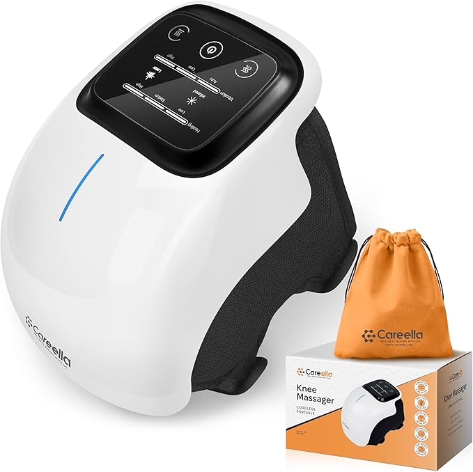 Careella Advanced Wireless XL Knee Massager with Bag – Heated &amp Rechargeable Pad with Smart Vibration Adjustable Brace &amp Gentle Light – Cordless Comfort Device for Knees &amp Joints – Portab