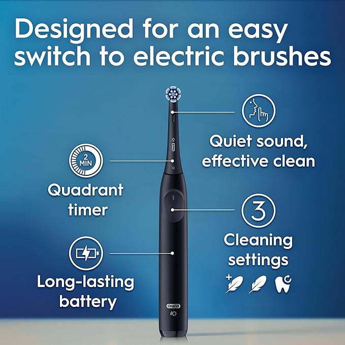 Oral-B Rechargeable Electric Toothbrush iO2 Starter Kit 3 Cleaning Modes Automatic Pressure Sensor to Protect Gums 2 Brush Heads Night Black