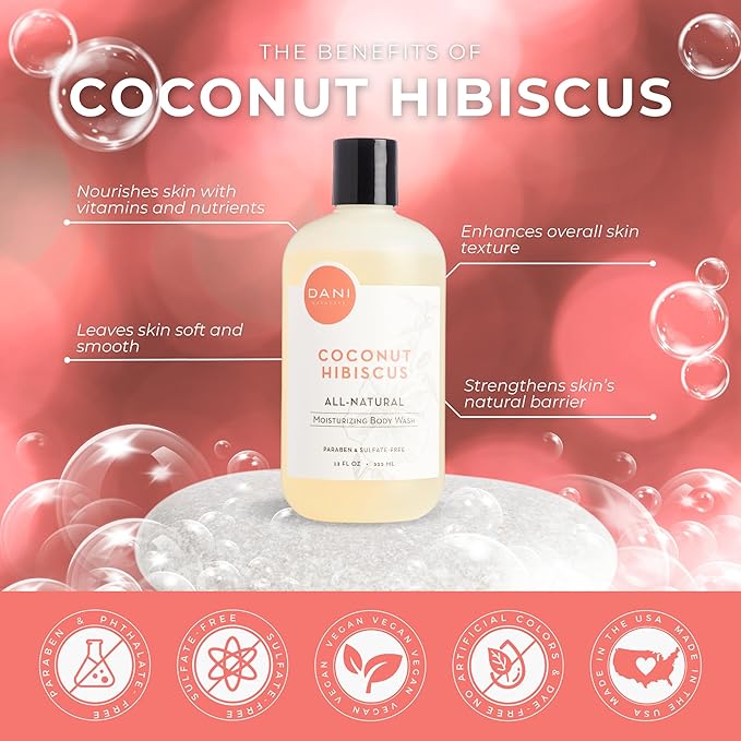 DANI Naturals Moisturizing Body Wash - Tropical Coconut Hibiscus Scent with Organic Aloe Vera &amp Natural Glycerin - Paraben &amp Sulfate-Free Shower Gel - 12 oz - Vegan &amp Cruelty-Free