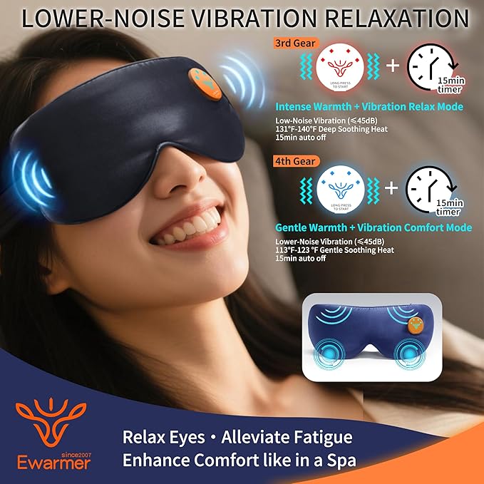 Electric Eye Massage Mask for Dry Eyes Relief Cordless Heated Vibrating Eye Massager Fast Heating RelaxationSilk Sleep Eye Mask100% Light BlockLight&ampPortable (Black)