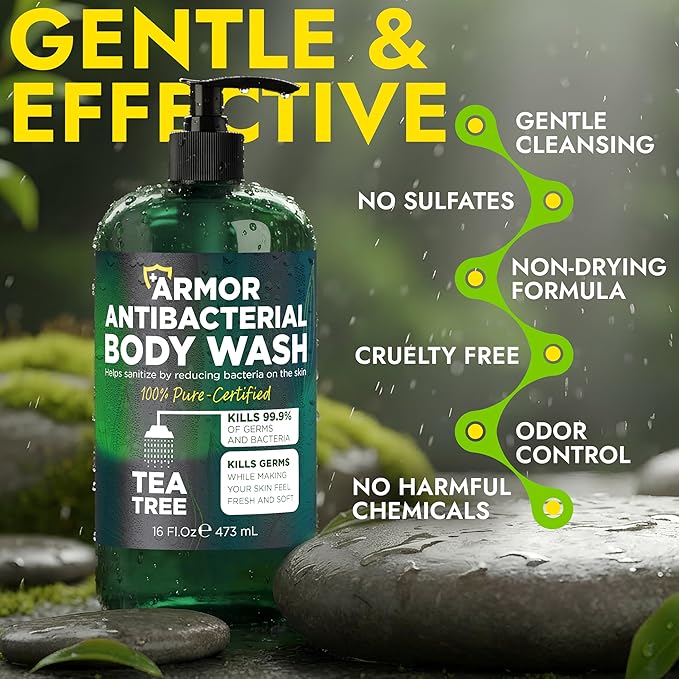 Antibacterial Body Wash with Tea Tree Oil | Antibacterial Soap for Men &amp Women | Kills 99.9% of Germs &amp Bacteria | Helps with Back Acne Body Odor &amp Skin Irritation | Daily Body Cleanser 1