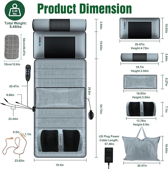 Full Body Massage Mat with Heat Detachable Neck Massager &amp Foot Massager10 Vibration 3 Strength Adjustments Electric Back Massage Pad with Head Pillow and Lumbar Pillow Gifts for Women Men