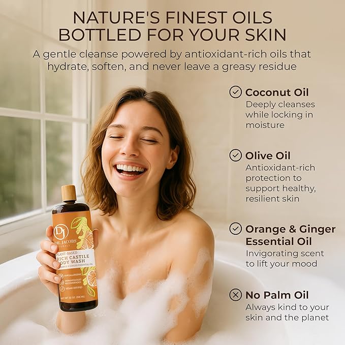 Dr. Jacobs Naturals Castile Orange and Ginger All-Natural Body Wash for Moisturizing Dry Skin with Plant-Based Ingredients with Pump - 32 Ounce