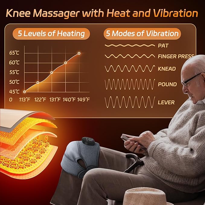 Knee Massager with Heat and Vibration Cordless Heating Pad for Knee 3-in-1 Massager for Knee Shoulder Elbow Portable Washable Heated Knee Brace for Arthritis with 2 Extension Straps