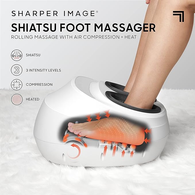 Sharper Image Electric Shiatsu Foot Massager with Heat &amp Air Compression Deep Kneading Rollers &amp Washable Cover Targets Heels Balls &amp Arches up to Mens Size 12 Gift for Women &amp Men