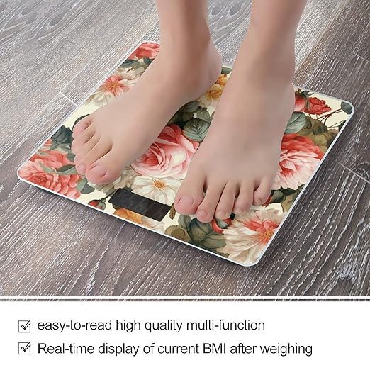 Vintage Floral Weight Scale Large Bathroom Scales Digital Weight with Bright LED Display Non Slip Automatic Weighing Scale Fashion Weighing Machine for Body
