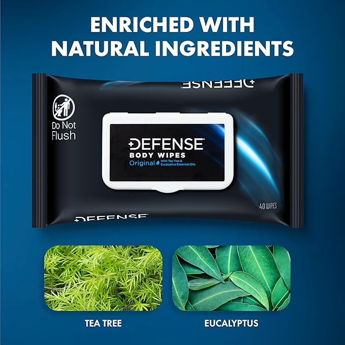 Defense Soap Shower Gel 32 oz + 3 Packs of Body Wipes | Natural Tea Tree &amp Eucalyptus Formula | Antifungal Body Wash and Portable Cleansing Wipes for Athletes Gym Camping &amp Active Lifestyles