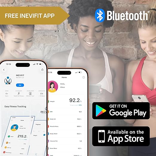 INEVIFIT SMART Body Fat Scale Highly Accurate Bluetooth Digital Bathroom Body Composition Analyzer Measures Weight Body Fat Water Muscle BMI Visceral Fat &amp Bone Mass for Unlimited Users