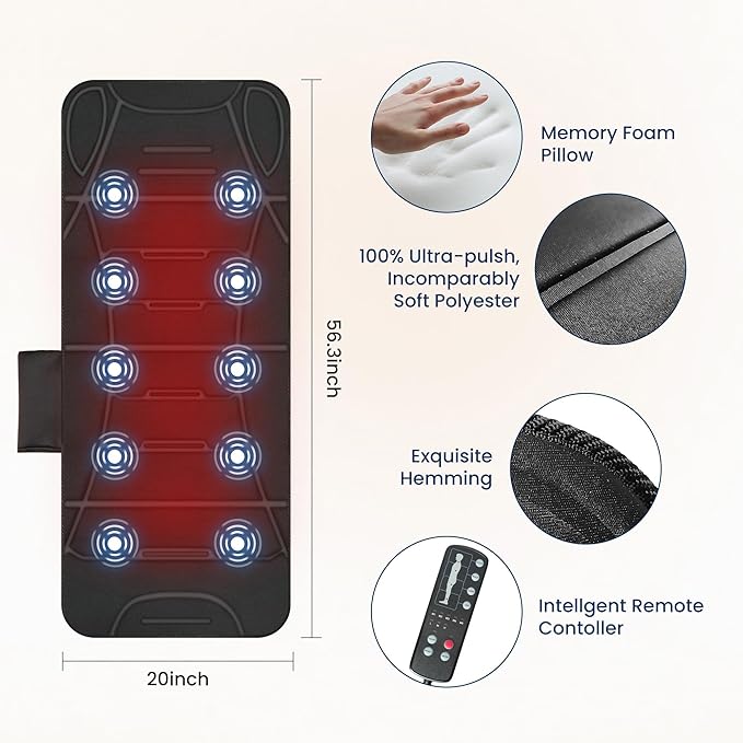COMFIER Full Body Massage Mat with Heat 10 Vibration Motors 4 Heating Zones 30-Minute Auto Shut-Off Foldable Relaxation Pad for 3 Adjustable Intensity– Vibration Massage Only