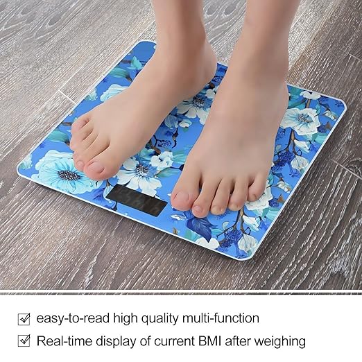 Blue Floral Bathroom Scale Automatic Power On/Off Body Scales LCD Backlight Display Square Digital Scale Rounded Corners Bathroom Scales for Home Bedrooms