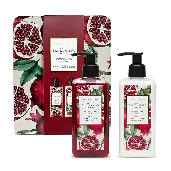Pecksniff's Body Care Duo Tin Box – Enchanted Pomegranate &amp Musk 300ml Body Wash and 300ml Body Lotion Gift Set Luxury Skincare Collection with Reusable Tin Hydrating &amp Nourishing Daily Care