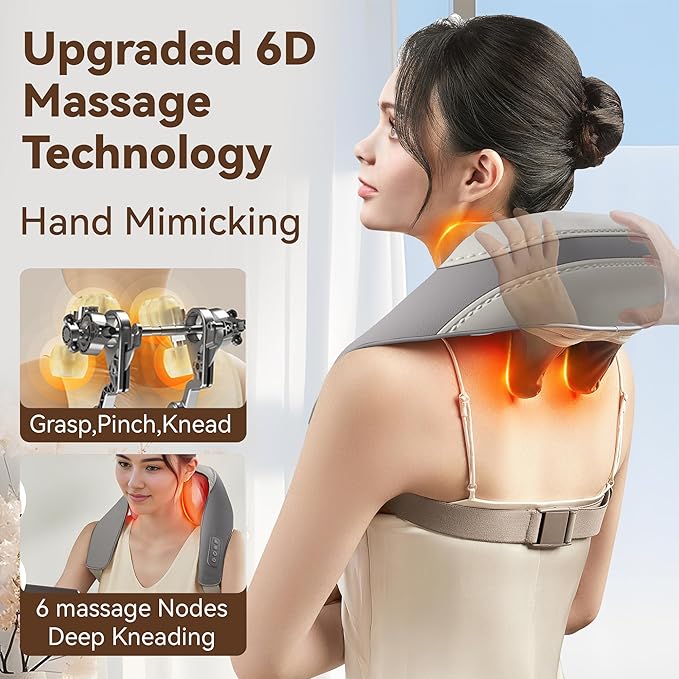 Shiatsu Neck and Shoulder Massager with Heat for Pain Relief Deep Tissue Portable Massagers for Neck and Back Gifts for Men and Woman (Grey with Leather Handbag)