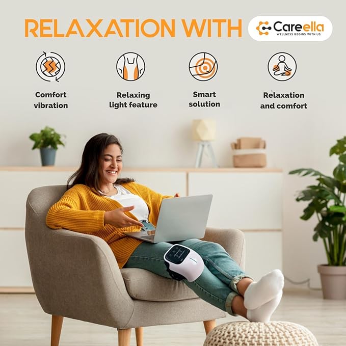 Careella Advanced Wireless XL Knee Massager with Bag – Heated &amp Rechargeable Pad with Smart Vibration Adjustable Brace &amp Gentle Light – Cordless Comfort Device for Knees &amp Joints – Portab