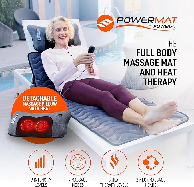Powermat by Powerfit – Full Body Massage Mat with Detachable Massage Pillow 9 Intensity Levels 9 Massage Modes &amp 3 Heat Therapy Settings | Alleviates Muscle Pain Improves Circulation Stress Re
