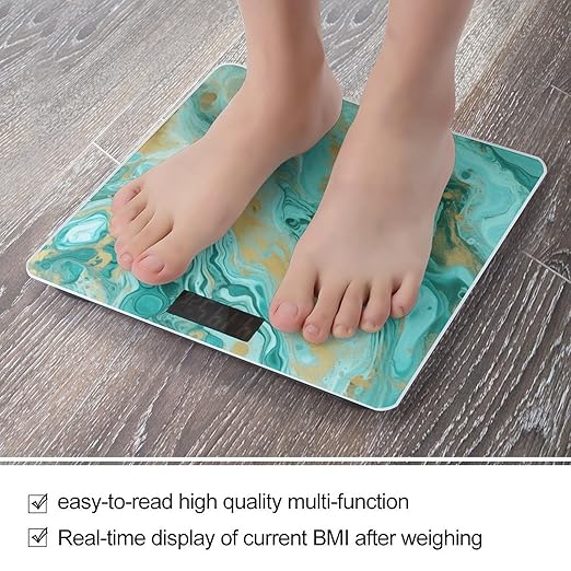 Teal and Gold Marble Bathroom Scale for Body Weight LCD Display Digital Bathroom Scale Tempered Glass Bathroom Weight Scales Fashion Smart Scales for Home Bedroom 400 Lb
