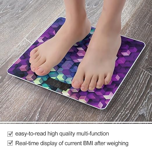 Abstract Color Cubes Purple Scale for Body Weight High Precision Digital Weight Scales with LCD Display Anti-Slip Sturdy Slim Tempered Glass Bathroom Scale for Home Use