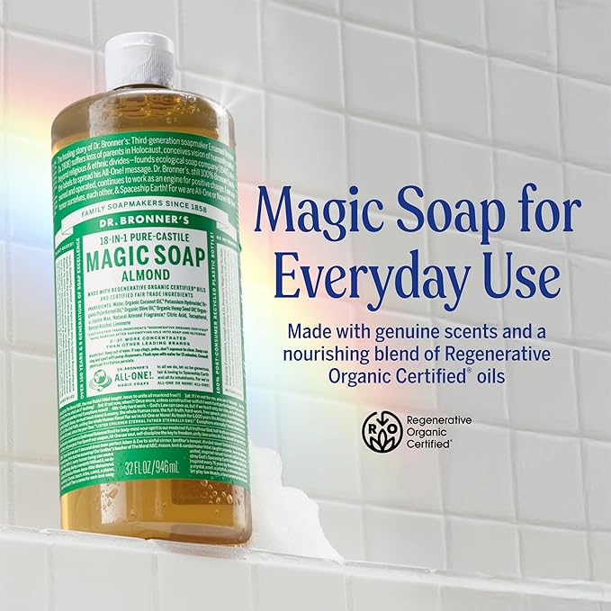 Dr. Bronner's Pure-Castile Magic Liquid Soap (Almond 32 Ounce 2-Pack)- Made with Regenerative Organic Certified Oils 18-in1 Uses: Face Hair Hand &amp Body Soap Laundry Pets- Concentrated Vega