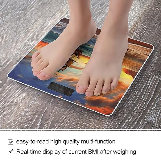 Pirate Ship in The Sunset Scale with LCD Precision Weighing Scales Sturdy Tempered Glass Weight Scales Easy-to-Read Anti-Slip Weight Digital Bathroom Scale for Daily