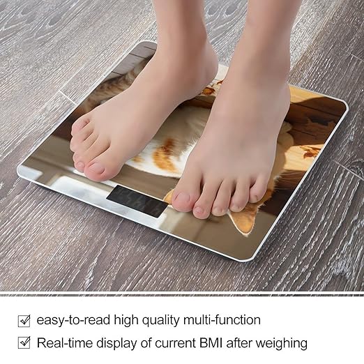 Beige Orange Cat Smart Scale for Body Weight Digital Bathroom Scale Toughened Glass Weight Scale with Large LCD Backlight Display High Precision Scales Weighing Machine