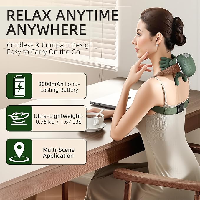 Neck Massager with Heat Bionic Portable Shiatsu Neck and Back Massager Electric Shoulder Massagers with Fingers for Pain Relief Deep Tissue Simulated Human Hand Design 4D Kneading Green