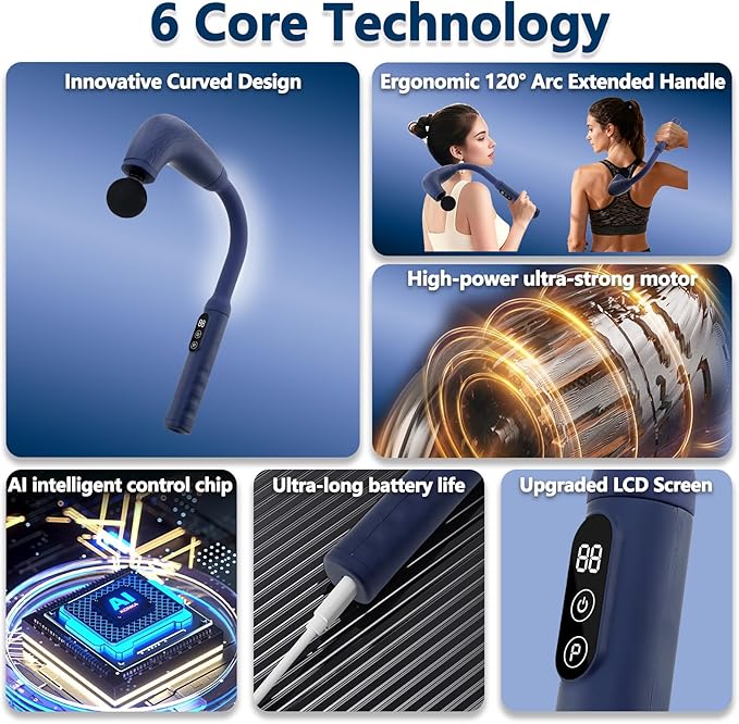 Massage Gun with Upgraded Extension Handle Back Massager for Pain Relief Deep Tissue Muscles/Neck/Shoulders/Waist/Legs Massager with 4 Massage Heads &amp 6 Speed Levels &amp 3 Massage Modes Blue