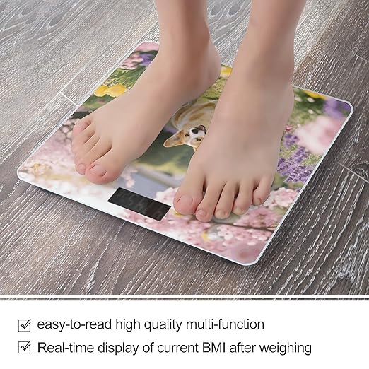 Corgi Floral Flower Weight Scale Cute Bathroom Scale for Body Highly Accurate Digital Weighing Machine for People Compact LCD Display Scales with Sturdy Toughened Glass Scales