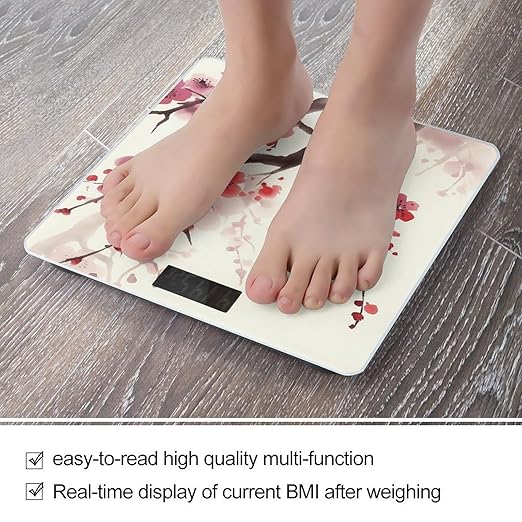 Japanese Spring Plum Floral Weight ScaleClear LED Display Bathroom Digital Weighing ScaleTempered Glass Digital Bathroom Scale for Body Weight Capacity Up to 400 Lbs